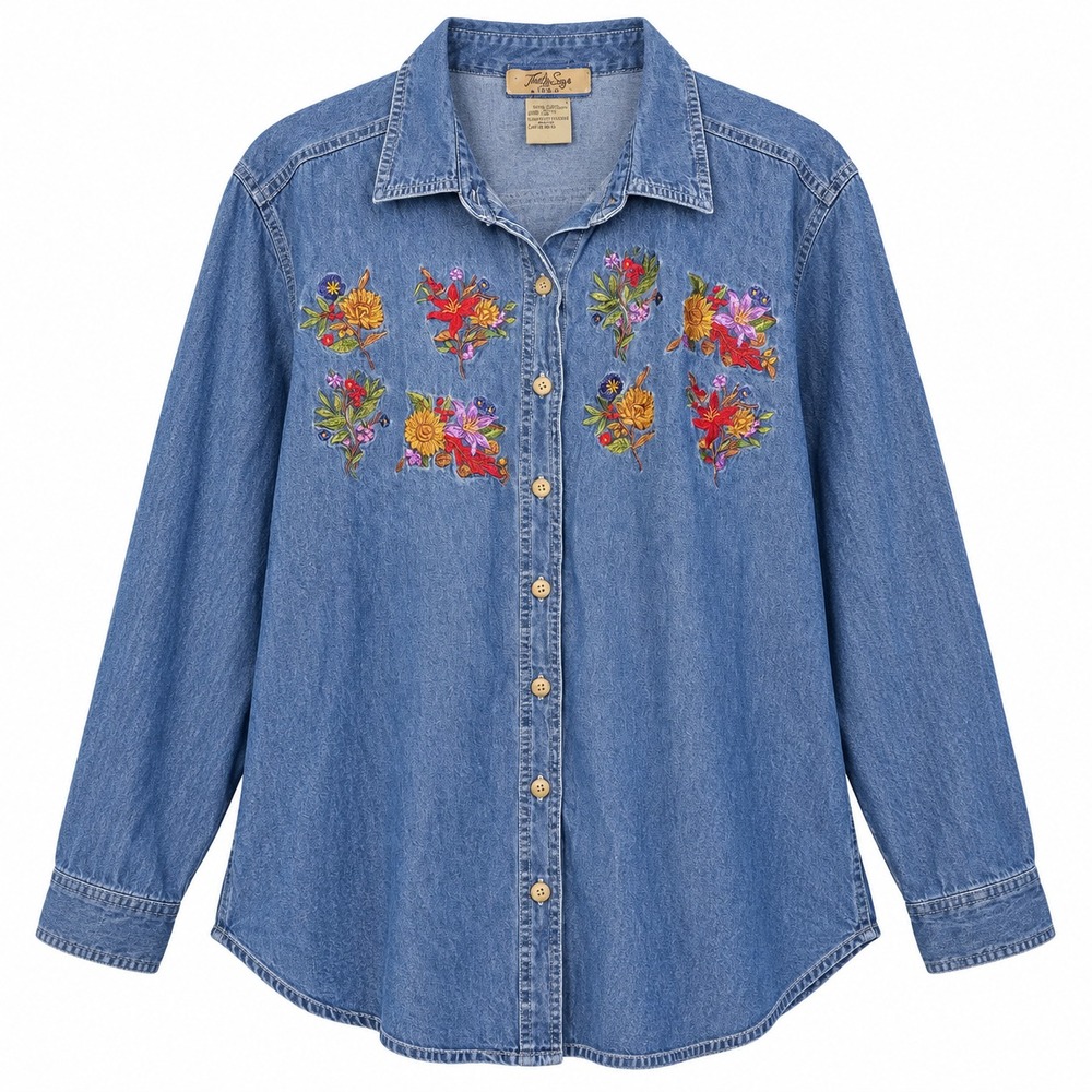 Just My Size Denim Shirt Womens 26W/28W Blue Excellent Floral Embroidered Boho